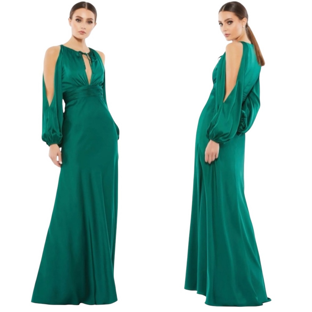 Ieena for Mac Duggal Tied Keyhole Cold Shoulder Bishop Sleeve Gown Size 4